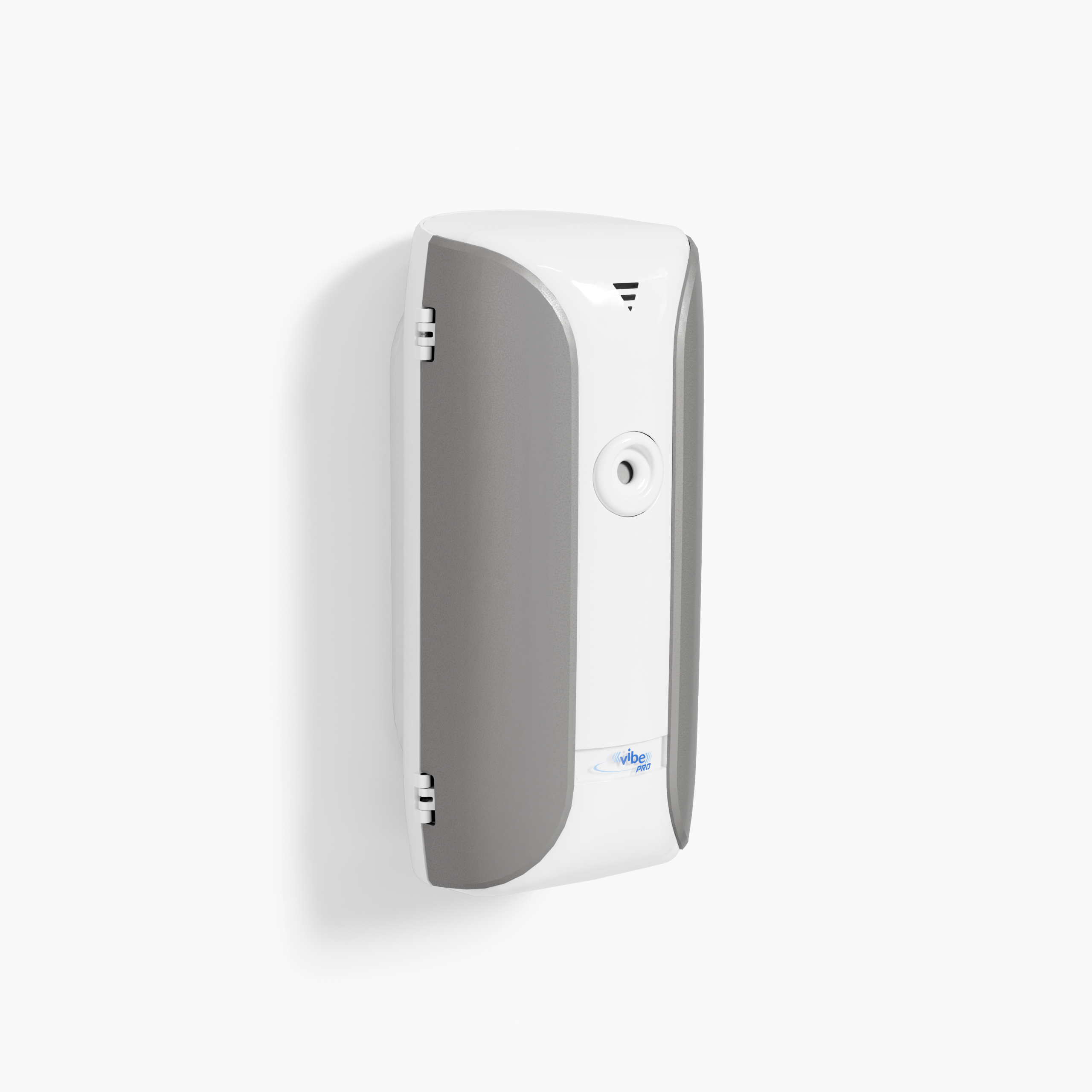 Angled product preview of commercial air freshener system Vectair Vibe Pro dispenser in white and silver